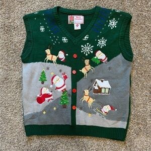 Green Embroidery Button Ugly Christmas Vest XL